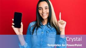  Presentation with smartphone - Presentation theme consisting of young-hispanic-woman-holding-smartphone background and a teal colored foreground