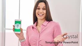  Presentation with smartphone - Theme consisting of young-hispanic-woman-holding-smartphone background and a coral colored foreground