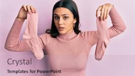  Presentation with socks - Cool new presentation design with young-hispanic-woman-holding-socks backdrop and a soft green colored foreground