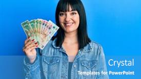  Presentation with confident young hispanic woman - Colorful presentation enhanced with young-hispanic-woman-holding-united backdrop and a teal colored foreground
