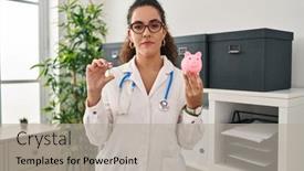  Presentation with piggy bank - Presentation with young-hispanic-woman-holding-vaccine background and a light gray colored foreground