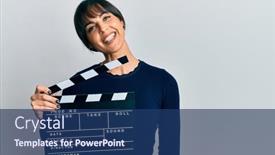  Presentation with clapboard - Presentation theme with young-hispanic-woman-holding-video background and a ocean colored foreground