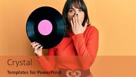  Presentation with vinyl - Beautiful PPT theme featuring young-hispanic-woman-holding-vinyl backdrop and a red colored foreground
