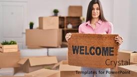  Presentation with new home - PPT theme featuring young-hispanic-woman-holding-welcome background and a coral colored foreground