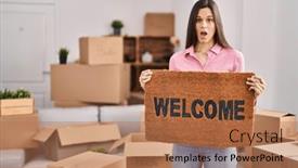  Presentation with welcome - Presentation with young-hispanic-woman-holding-welcome background and a coral colored foreground