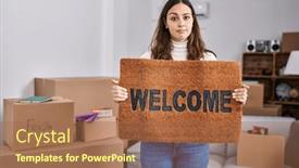  Presentation with welcome - PPT theme consisting of young-hispanic-woman-holding-welcome background and a  colored foreground