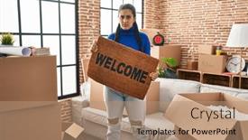  Presentation with welcome - PPT layouts consisting of young-hispanic-woman-holding-welcome background and a  colored foreground