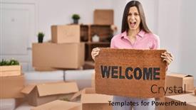  Presentation with welcome - Slide set featuring young-hispanic-woman-holding-welcome background and a  colored foreground