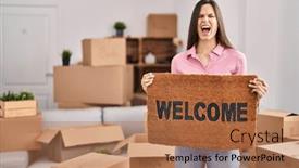  Presentation with welcome - Theme enhanced with young-hispanic-woman-holding-welcome background and a  colored foreground