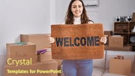  Presentation with welcome - Presentation design having young-hispanic-woman-holding-welcome background and a  colored foreground