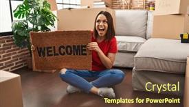  Presentation with new home - Slides enhanced with young-hispanic-woman-holding-welcome background and a  colored foreground