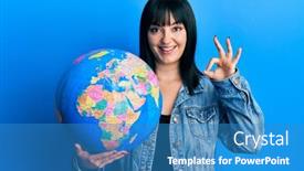  Presentation with woman world - Presentation design with young-hispanic-woman-holding-world background and a teal colored foreground