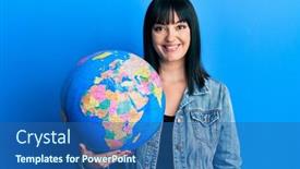  Presentation with confident young hispanic woman - Presentation enhanced with young-hispanic-woman-holding-world background and a ocean colored foreground