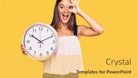  Presentation with clock - PPT layouts with young-hispanic-woman-holding background and a yellow colored foreground