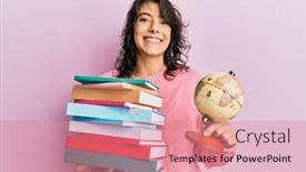  Presentation with woman world - Beautiful PPT layouts featuring young-hispanic-woman-holding backdrop and a coral colored foreground