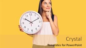  Presentation with clock face - Amazing slide set having young-hispanic-woman-holding backdrop and a yellow colored foreground