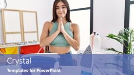  Presentation with confident young hispanic woman - PPT theme enhanced with young-hispanic-woman-ironing-clothes background and a ocean colored foreground