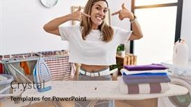  Presentation with laundry room - Presentation design consisting of young-hispanic-woman-ironing-clothes background and a coral colored foreground