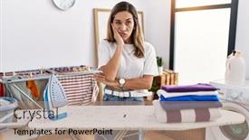  Presentation with laundry room - Slide set having young-hispanic-woman-ironing-clothes background and a coral colored foreground
