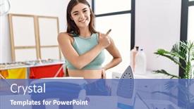  Presentation with laundry room - Presentation theme enhanced with young-hispanic-woman-ironing-clothes background and a ocean colored foreground