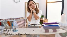  Presentation with ironing - PPT layouts enhanced with young-hispanic-woman-ironing-clothes background and a coral colored foreground