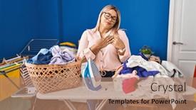  Presentation with ironing - Presentation theme with young-hispanic-woman-ironing-clothes background and a coral colored foreground