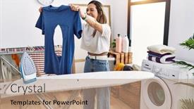  Presentation with laundry room - PPT theme consisting of young-hispanic-woman-ironing-holding background and a coral colored foreground