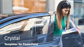  Presentation with car door - Presentation theme featuring young-hispanic-woman-leaning background and a ocean colored foreground