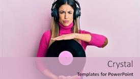  Presentation with music vinyl - Colorful presentation theme enhanced with young-hispanic-woman-listening backdrop and a lemonade colored foreground