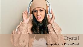  Presentation with listening woman - Presentation design consisting of young-hispanic-woman-listening background and a coral colored foreground