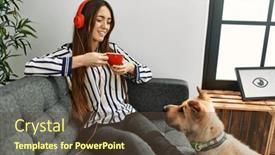  Presentation with listening woman - Presentation theme consisting of young-hispanic-woman-listening background and a tawny brown colored foreground