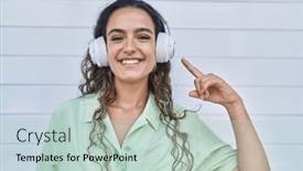  Presentation with listening woman - Slide set having young-hispanic-woman-listening and a  colored foreground