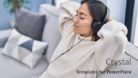  Presentation with laydy and music - Presentation theme with young-hispanic-woman-listening background and a light gray colored foreground