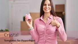  Presentation with new home - Presentation design with young-hispanic-woman-moving background and a coral colored foreground