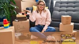  Presentation with hand palm - Slides featuring young-hispanic-woman-moving background and a  colored foreground