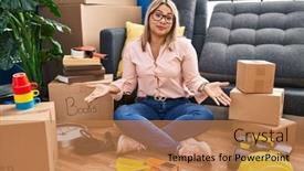  Presentation with new home - PPT theme with young-hispanic-woman-moving background and a coral colored foreground