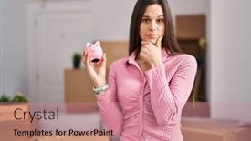  Presentation with new home - PPT theme featuring young-hispanic-woman-moving background and a coral colored foreground