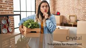  Presentation with new home - PPT theme featuring young-hispanic-woman-moving background and a coral colored foreground