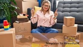  Presentation with new home - Presentation design enhanced with young-hispanic-woman-moving background and a  colored foreground