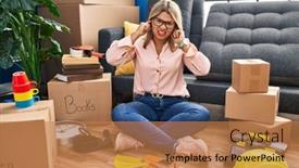  Presentation with new home - Presentation having young-hispanic-woman-moving background and a coral colored foreground