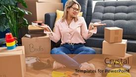  Presentation with new balance - Slide set with young-hispanic-woman-moving background and a  colored foreground