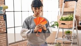  Presentation with woman crying - PPT theme with young-hispanic-woman-moving background and a coral colored foreground