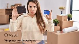  Presentation with woman crying - PPT theme featuring young-hispanic-woman-moving background and a coral colored foreground