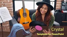  Presentation with music vinyl - Presentation theme consisting of young-hispanic-woman-musician-holding background and a tawny brown colored foreground