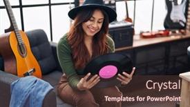  Presentation with music vinyl - PPT layouts consisting of young-hispanic-woman-musician-holding background and a tawny brown colored foreground
