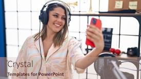  Presentation with listening woman - Presentation theme with young-hispanic-woman-musician-listening background and a soft green colored foreground