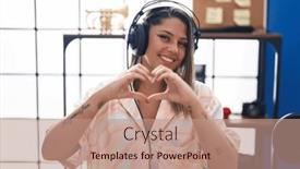  Presentation with hands heart - Slide set consisting of young-hispanic-woman-musician-listening background and a coral colored foreground