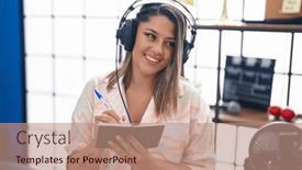  Presentation with music studio - Slide deck having young-hispanic-woman-musician-listening background and a coral colored foreground