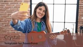  Presentation with ukulele - Presentation design consisting of young-hispanic-woman-musician-make background and a tawny brown colored foreground