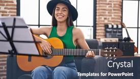  Presentation with classical music - PPT theme with young-hispanic-woman-musician-playing background and a ocean colored foreground